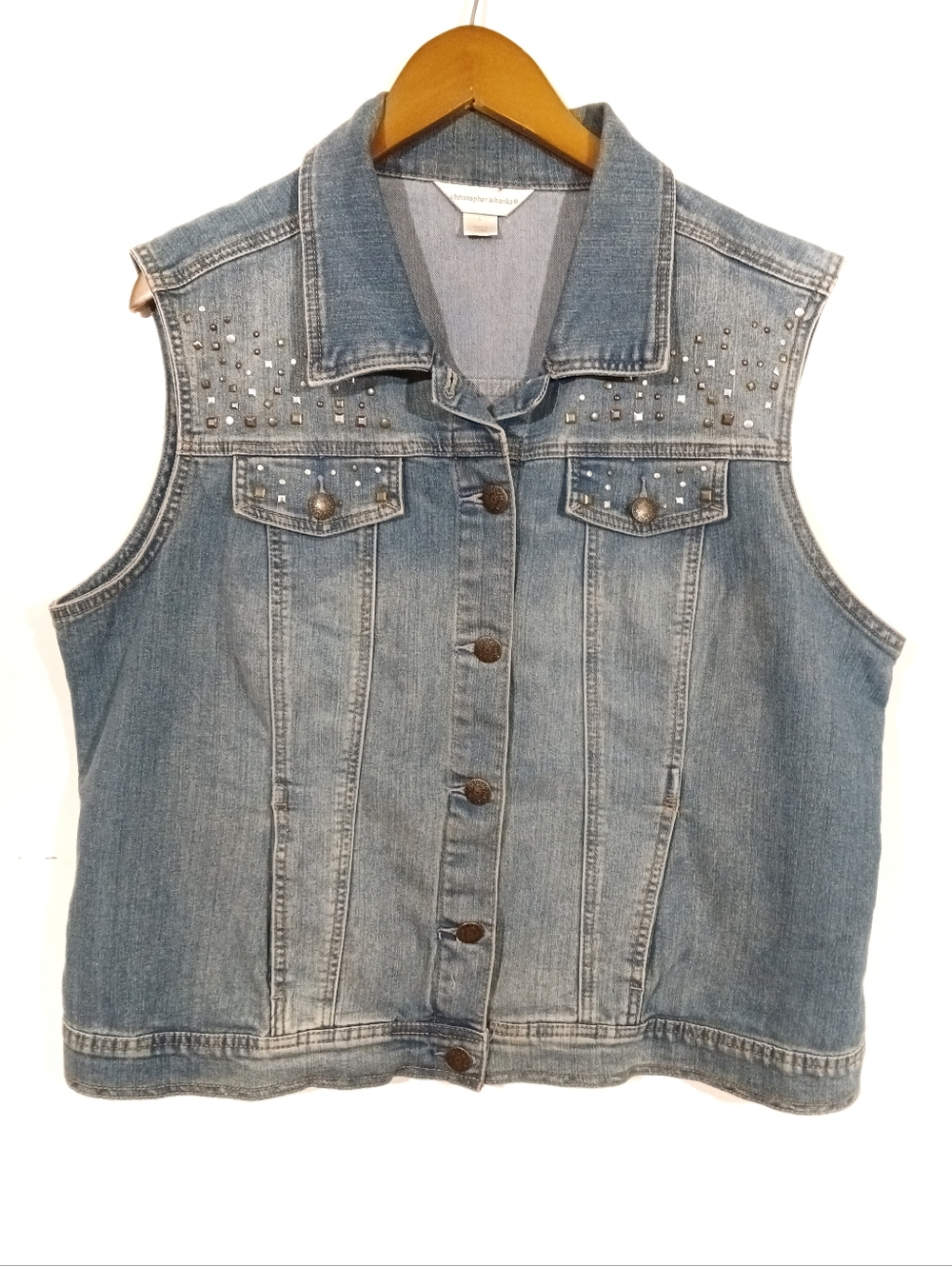 Christoper & Banks Studded Denim Vest Stretch Light Blue Large Western